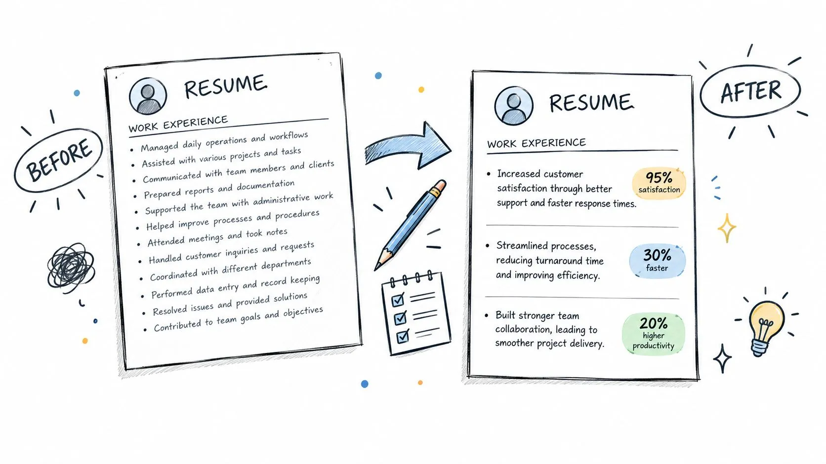 A comparison showing a generic, bulleted resume list contrasted with an impactful, metrics-driven resume experience section.