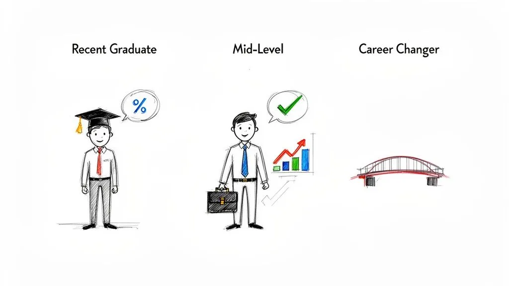 Illustration showing three career profiles: a recent graduate, a mid-level professional, and a career changer.