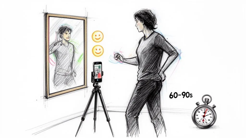 A person practicing in front of a mirror, recording with a phone on a tripod, receiving feedback emojis.