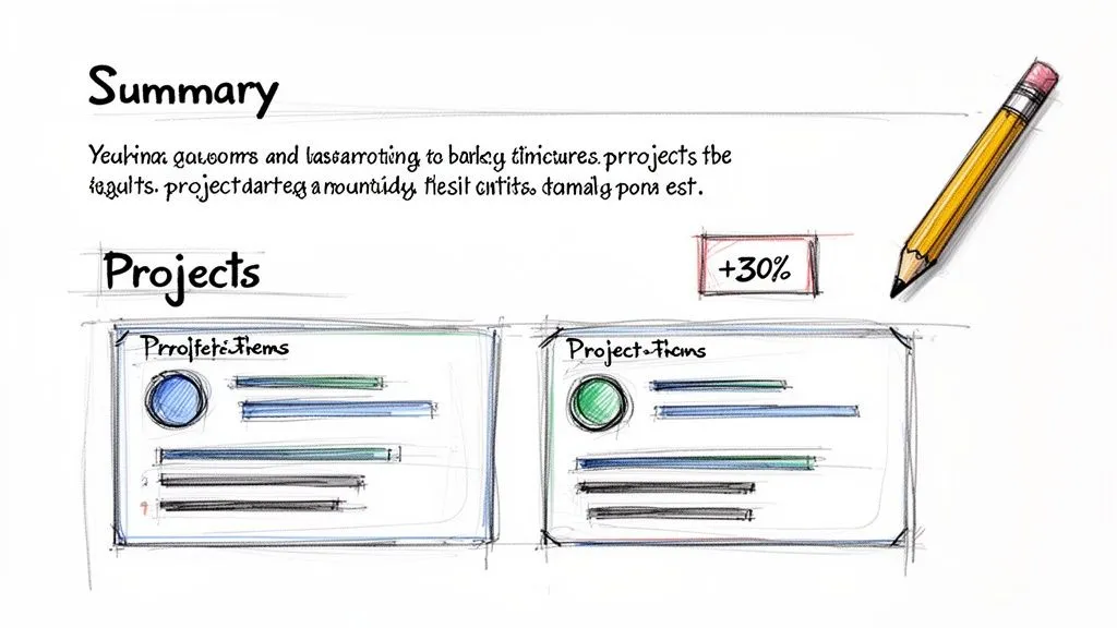 A hand-drawn sketch of a project summary and two project cards with progress bars and a pencil.