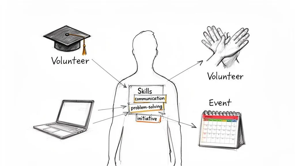 Diagram showing how volunteering, technology, and events build communication, problem-solving, and initiative skills.