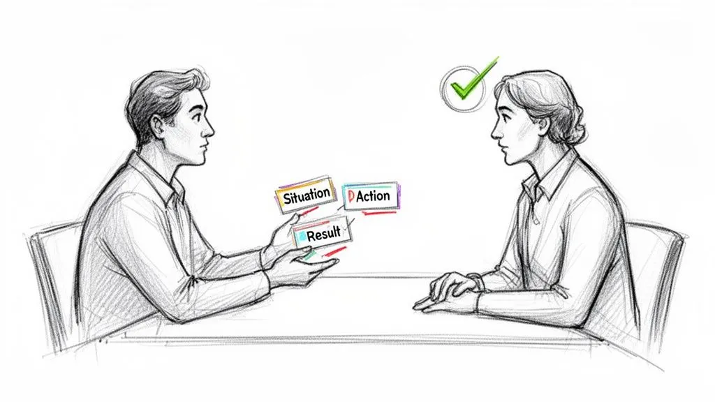 Two people discuss the Situation, Action, Result framework, like the STAR method, during a job interview.