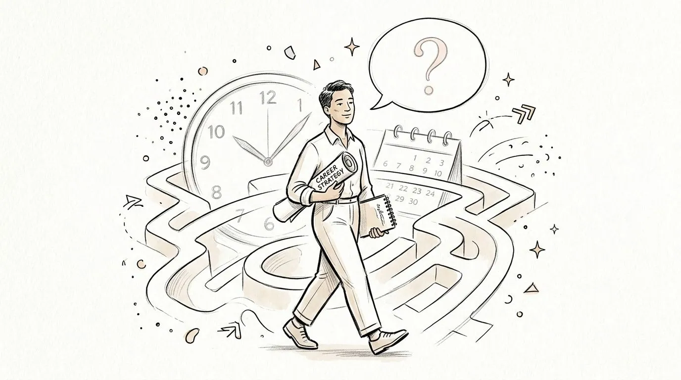 A professional man walking through a maze holding a career strategy document while contemplating his future path.