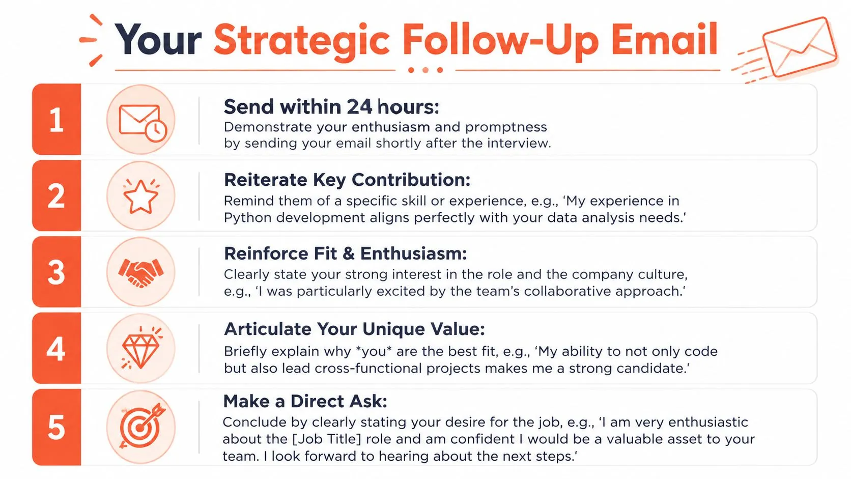 A five-step infographic guide detailing how to write a strategic follow-up email after a job interview.