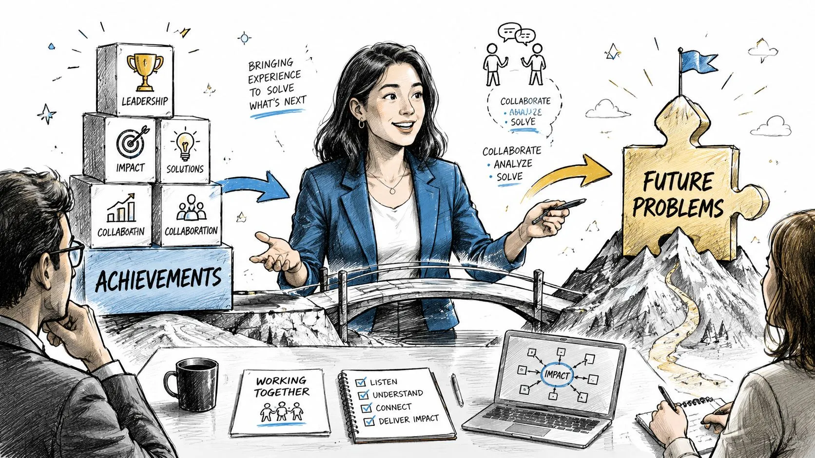 A professional business meeting where a speaker uses visual tools to discuss leadership and future problem solving.