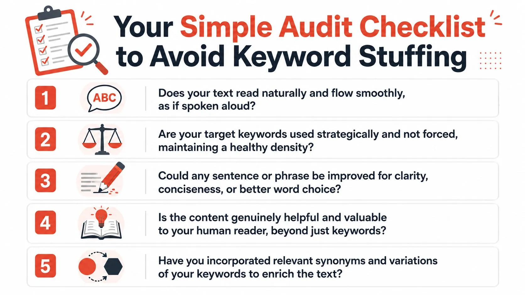 A checklist of five tips to avoid keyword stuffing and improve your search engine content quality.