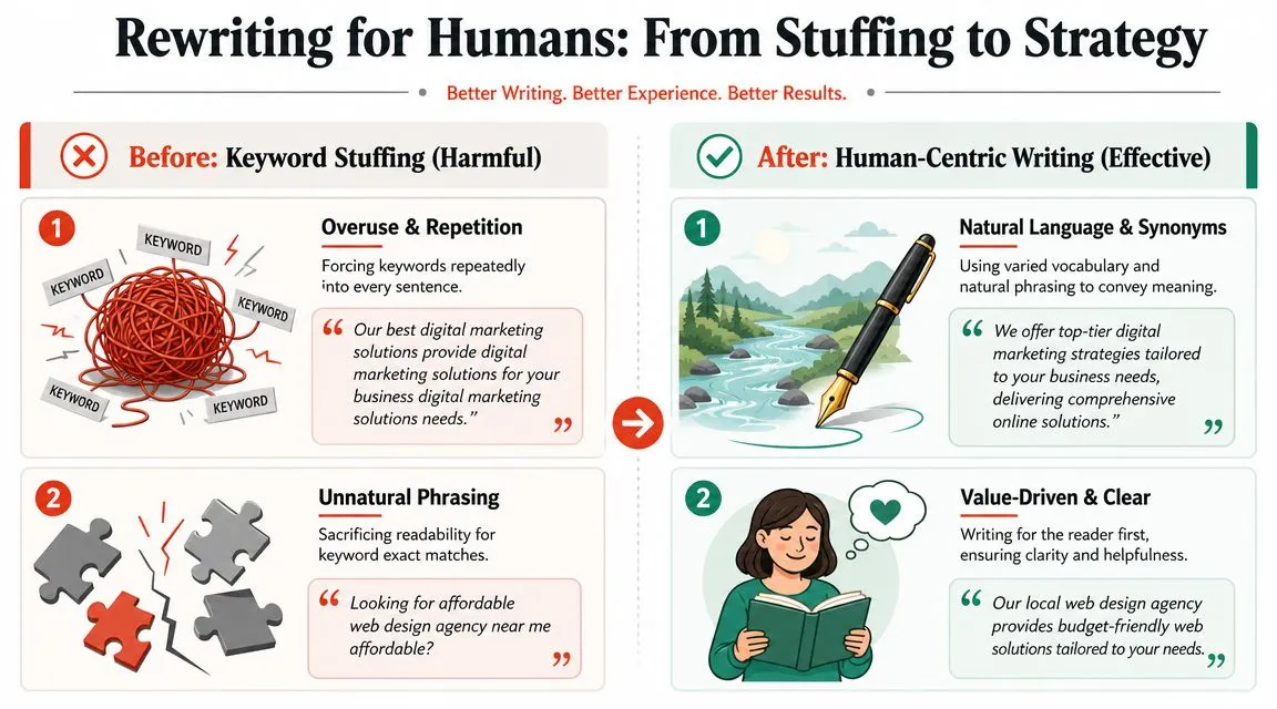 A comparison chart showing how to move from harmful keyword stuffing to effective human-centric content writing.