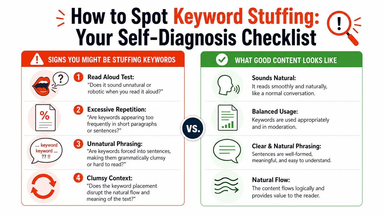 An infographic checklist comparing signs of keyword stuffing to characteristics of high-quality, natural website content.
