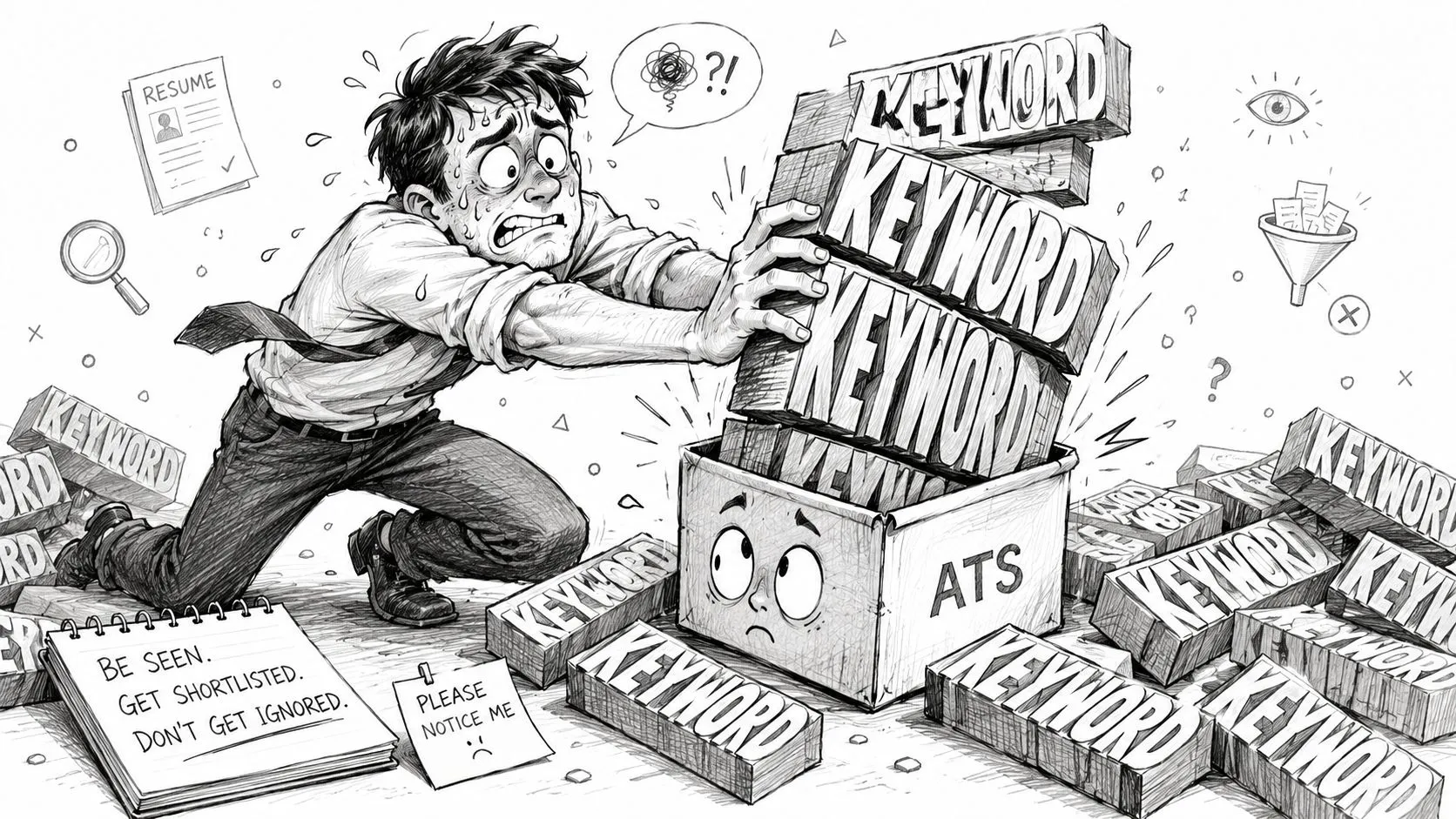Stressed job seeker struggling to fit many keyword blocks into an ATS resume processing box.