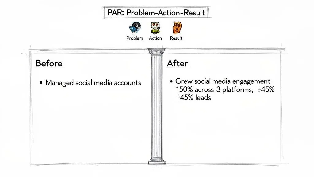 An illustration demonstrating the PAR framework, showing how to quantify results from 'managed' to 'grew engagement'.
