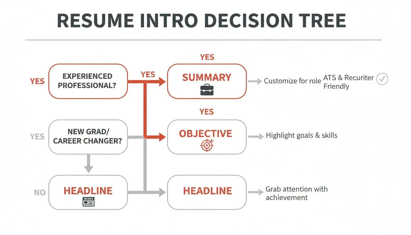 A resume intro decision tree flowchart advises using a Summary, Objective, or Headline based on experience.