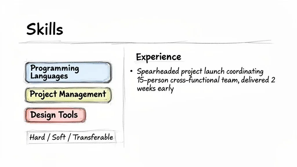 Resume sections displaying skills categories like programming languages and project management, alongside work experience.