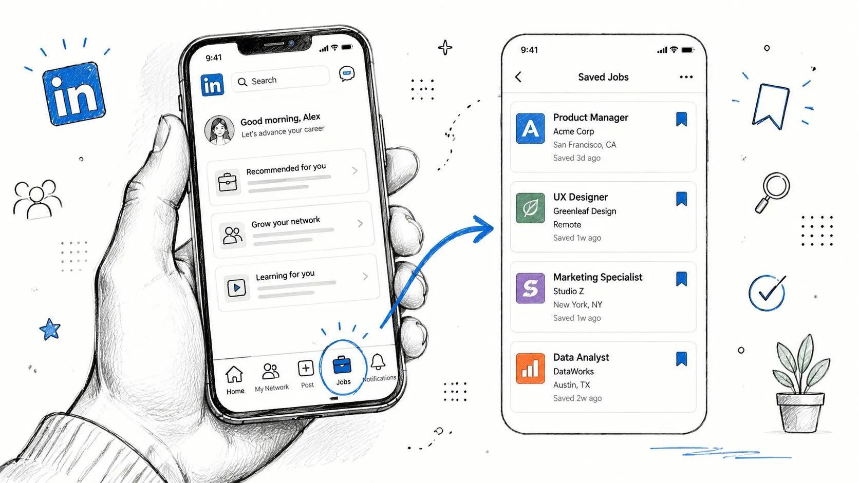 A hand holding a smartphone showing how to navigate to saved jobs on the LinkedIn mobile app.