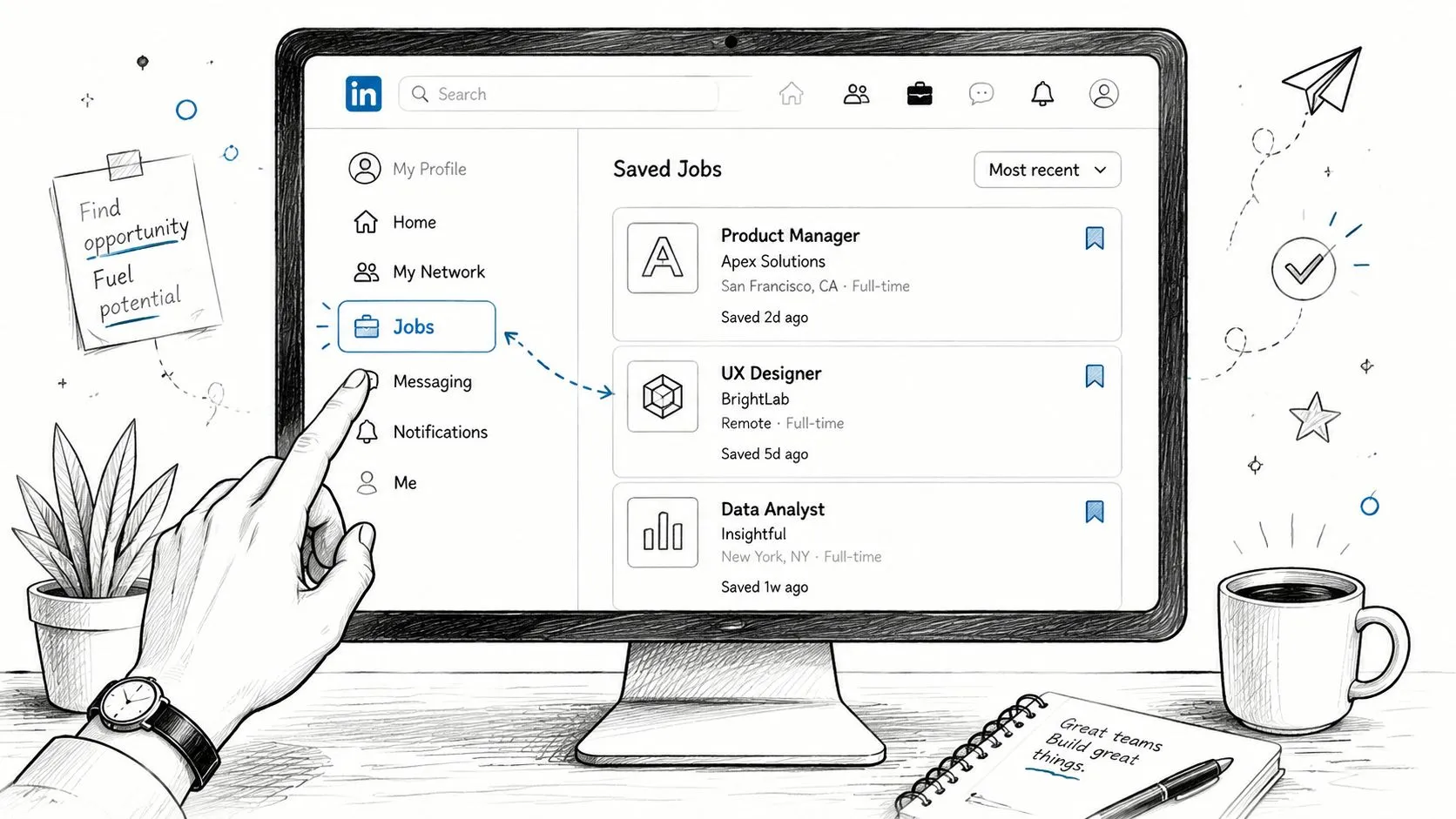 A hand selecting the Jobs icon on a LinkedIn dashboard to view saved career opportunities.