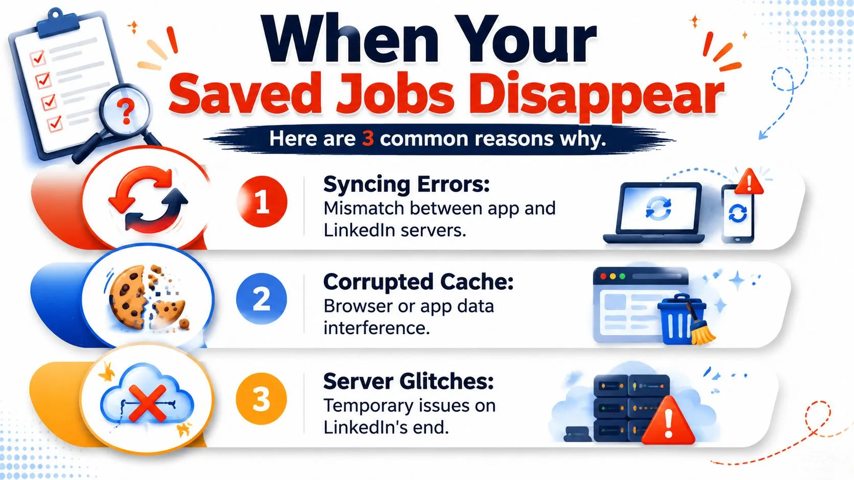 An infographic titled When Your Saved Jobs Disappear showing three common reasons for missing LinkedIn job data.