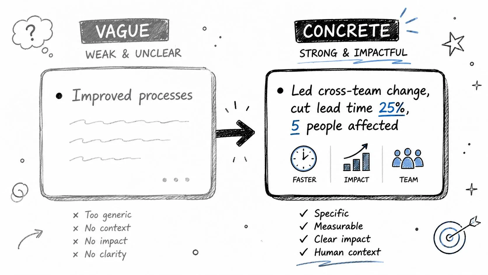 A diagram comparing a vague resume bullet point with a concrete, impactful version using specific metrics.