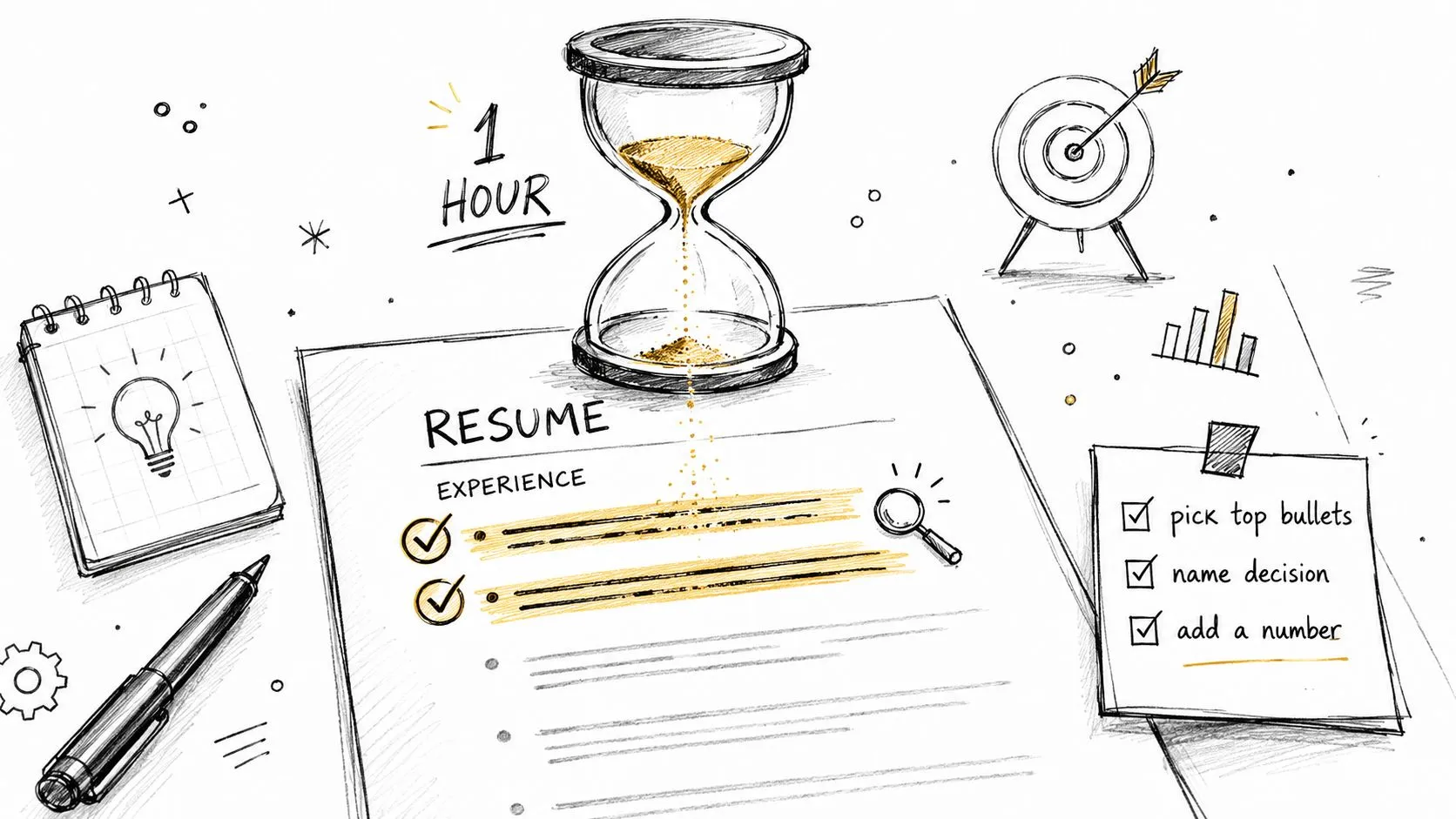 A hand-drawn illustration showing a resume with checked bullet points, an hourglass, and productivity icons.