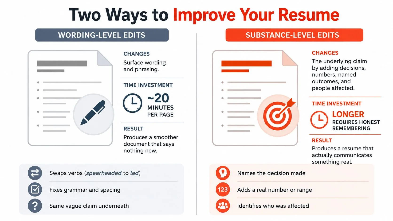 An infographic comparing wording-level and substance-level edits to improve a resume for better job application outcomes.