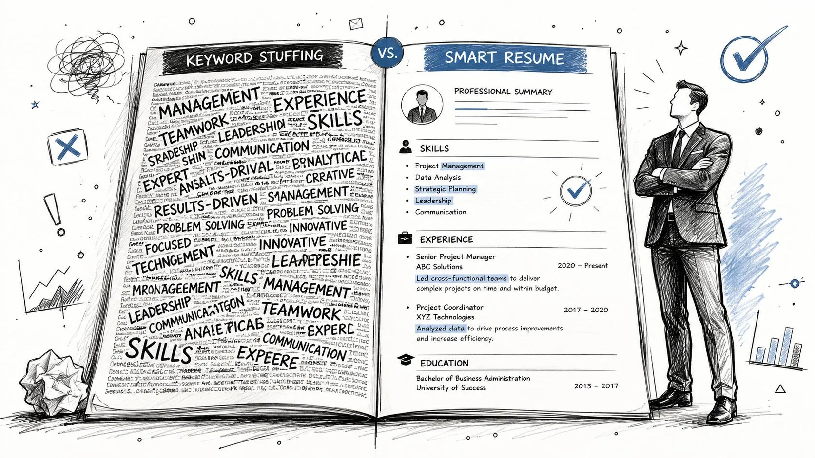 A split illustration comparing a messy resume filled with keyword stuffing to a clean, professional smart resume.