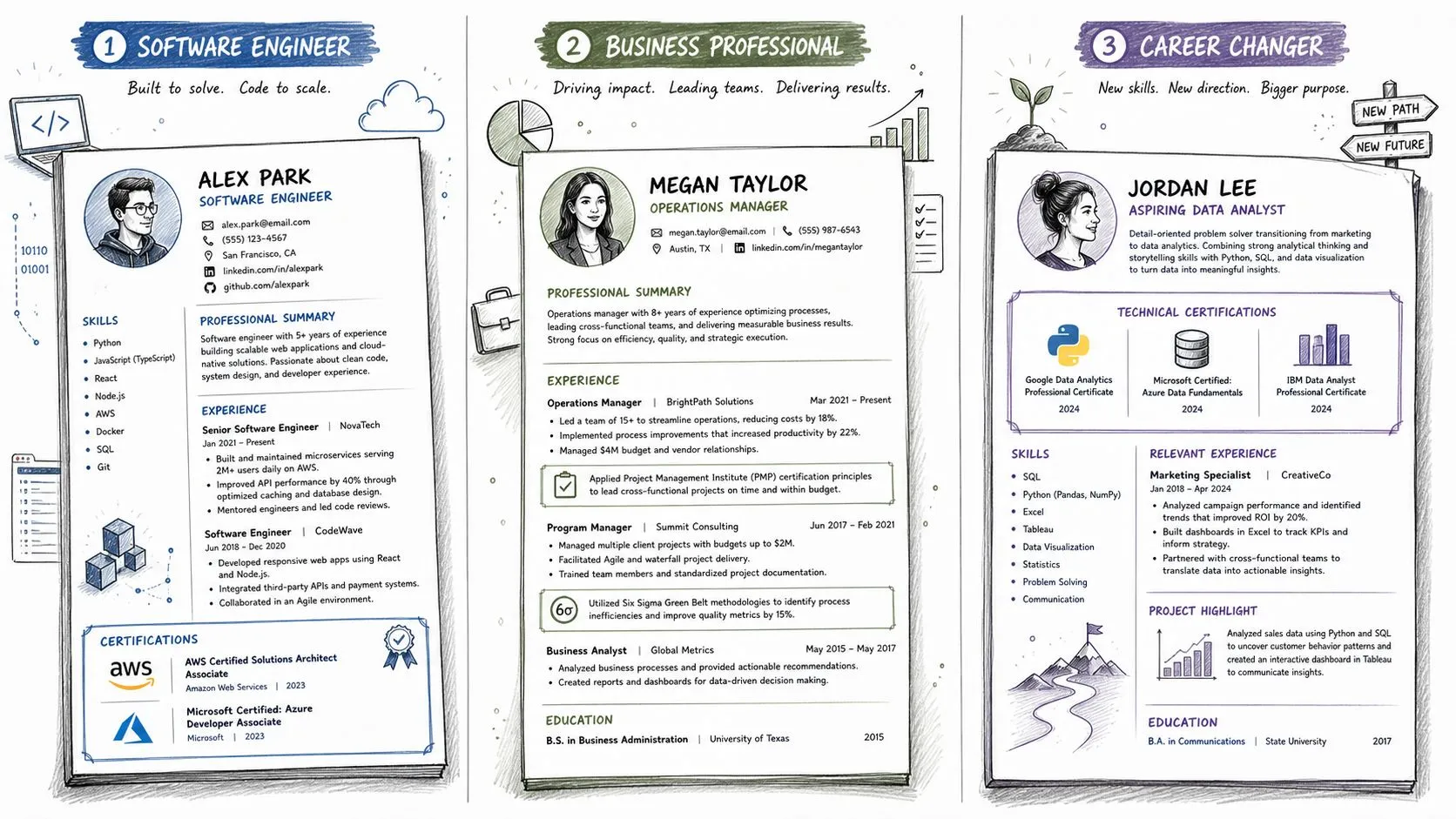 A creative infographic showcasing three different resume styles for a software engineer, business professional, and career changer.
