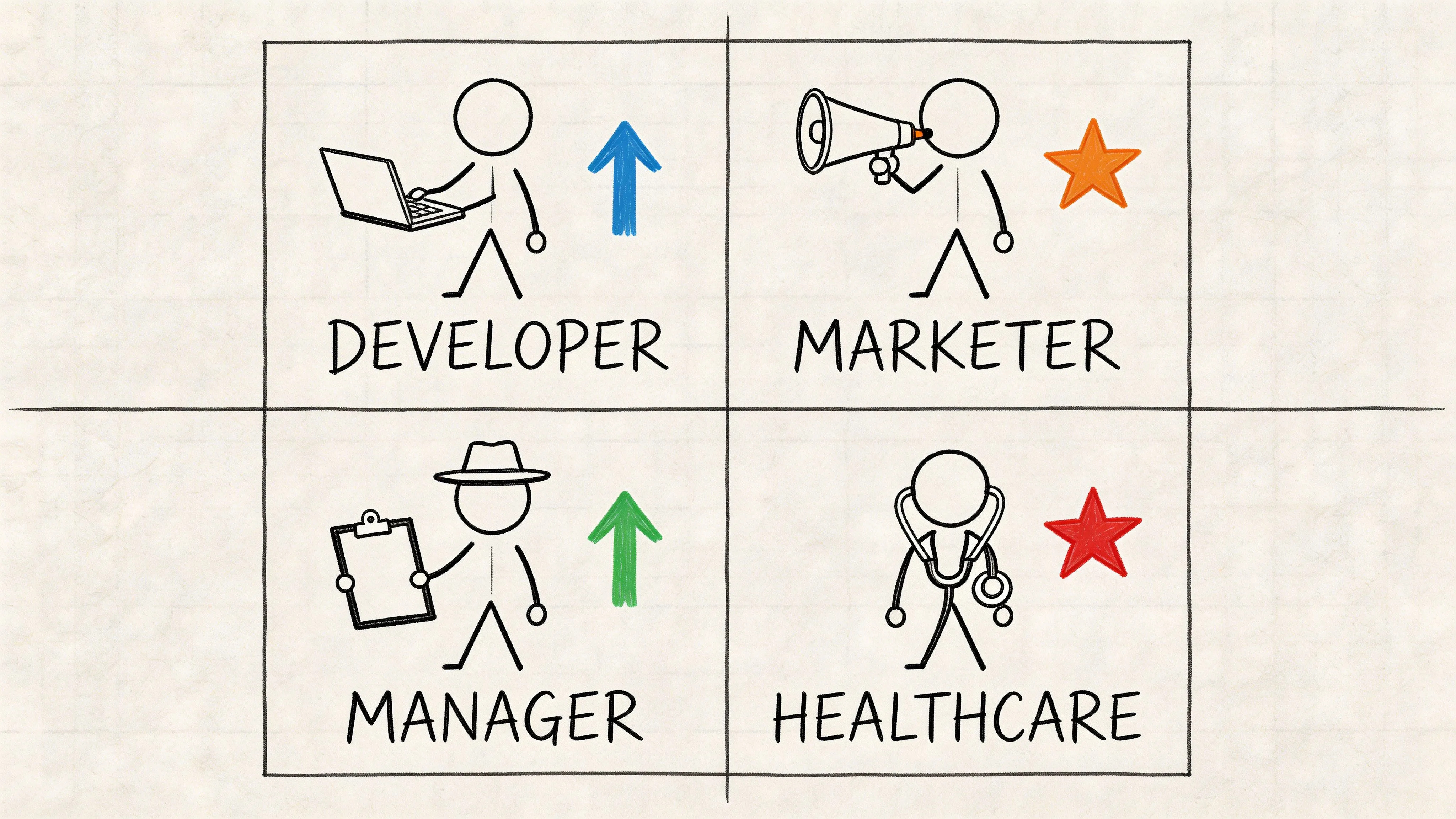 A four-quadrant chart depicting job roles including a developer, marketer, manager, and healthcare professional with icons.