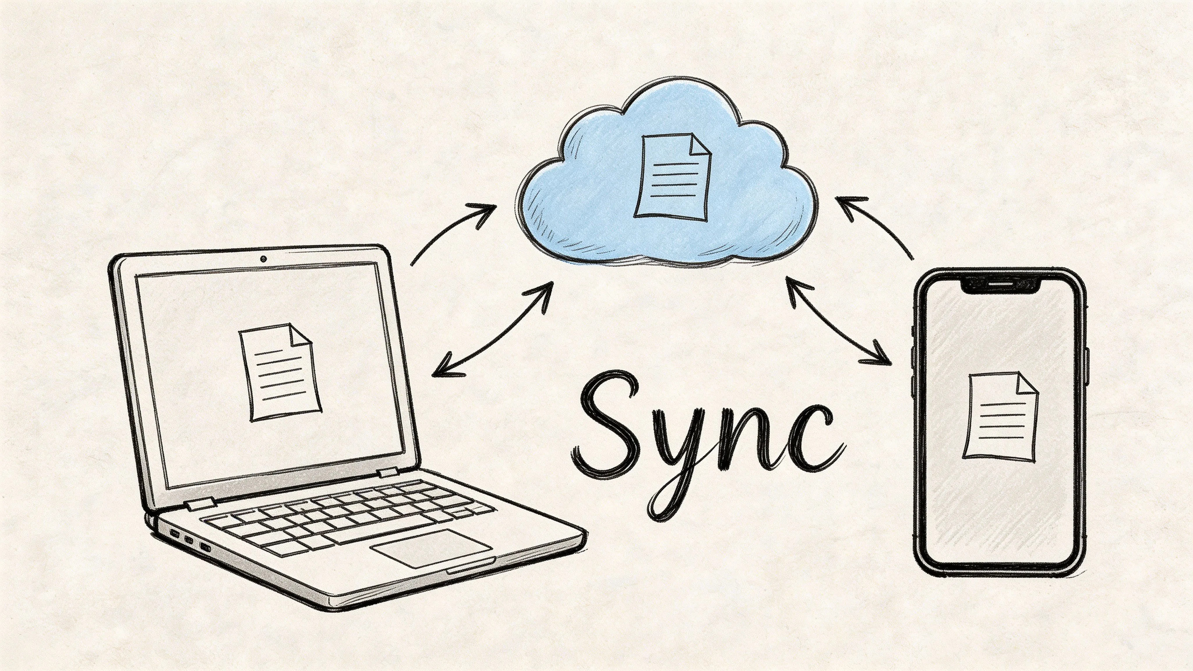 A hand-drawn illustration showing document synchronization between a laptop, a smartphone, and a cloud storage service.