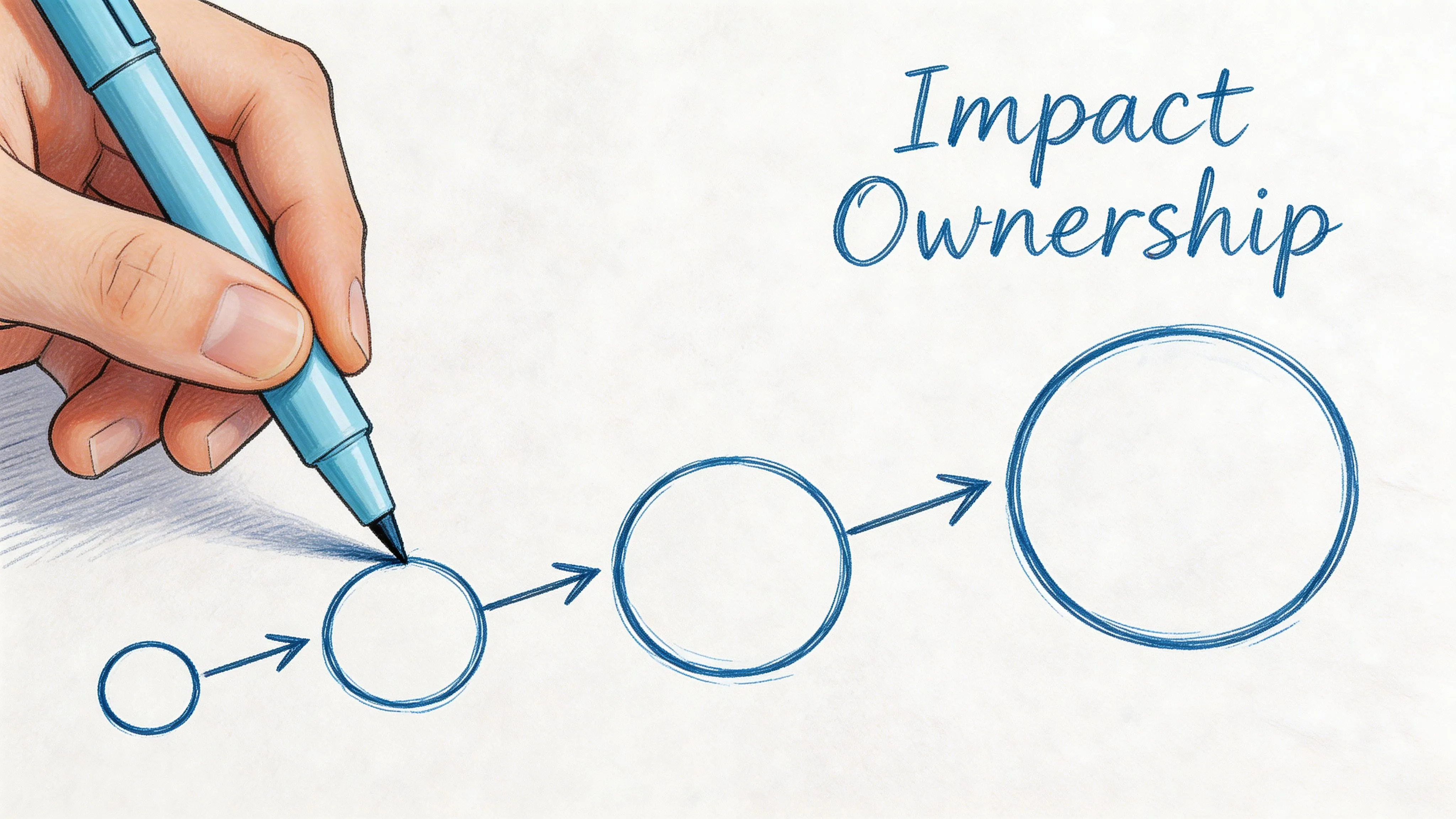 A hand drawing a sequence of four increasing circles representing growth or progression on white paper.