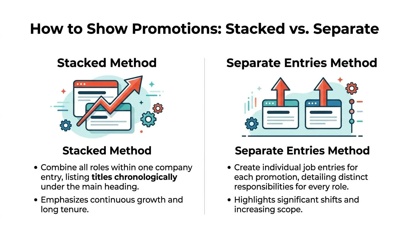 A comparison infographic showing stacked versus separate resume formatting methods for listing job promotions.