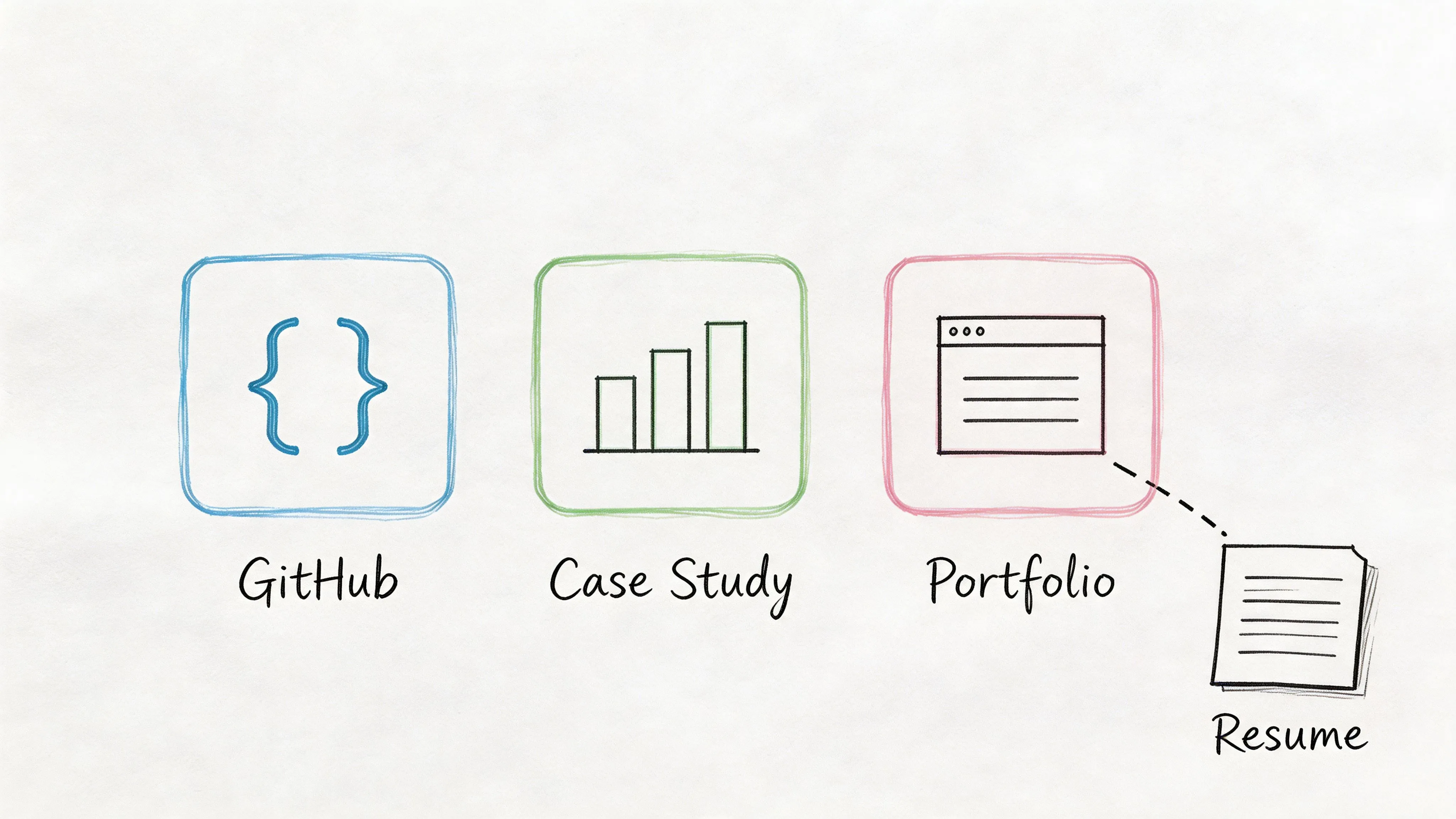 Hand-drawn style icons representing GitHub, a case study, a portfolio, and a resume for career applications.