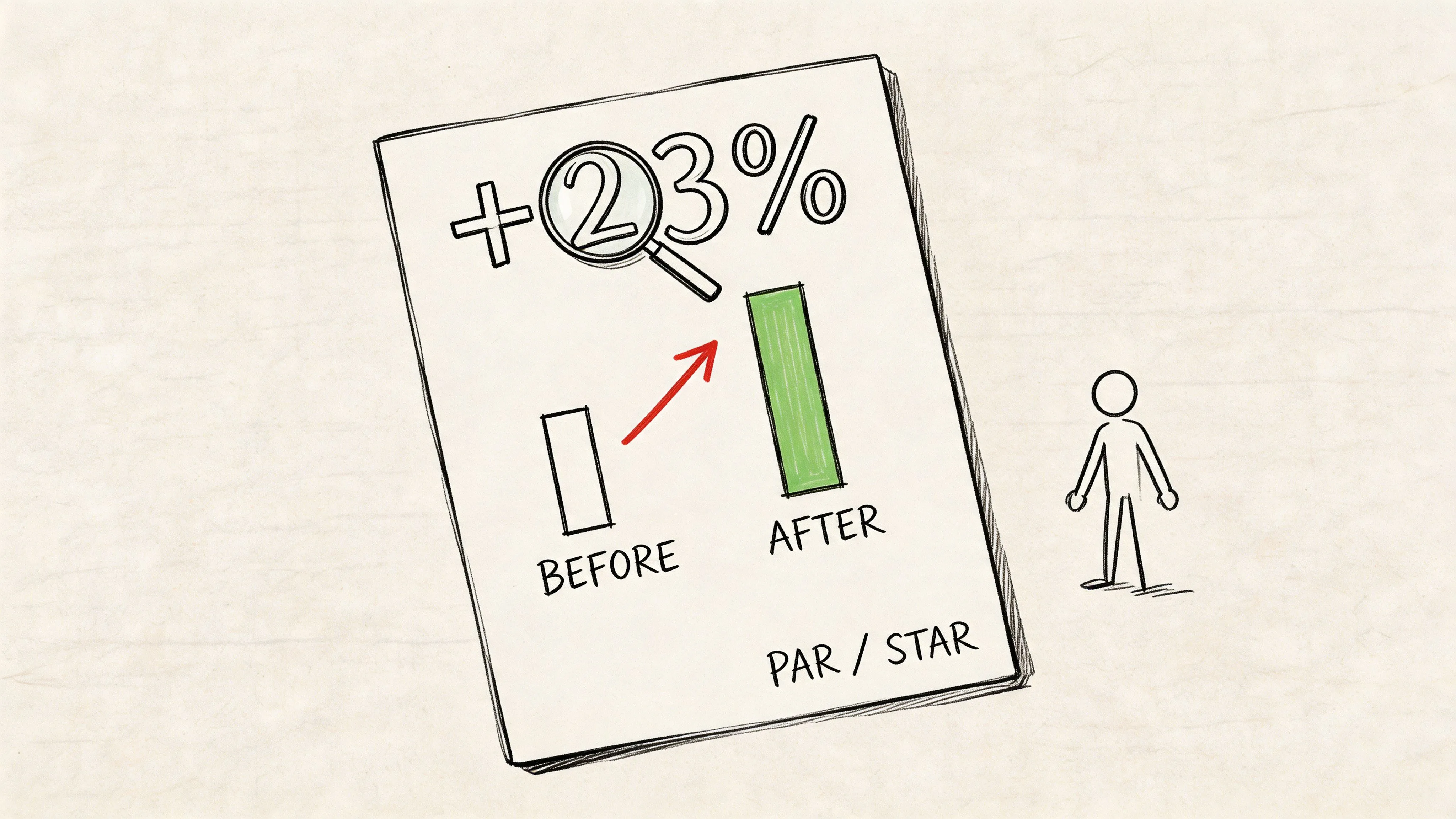 A hand-drawn illustration showing a bar chart increase of twenty-three percent before and after a change.