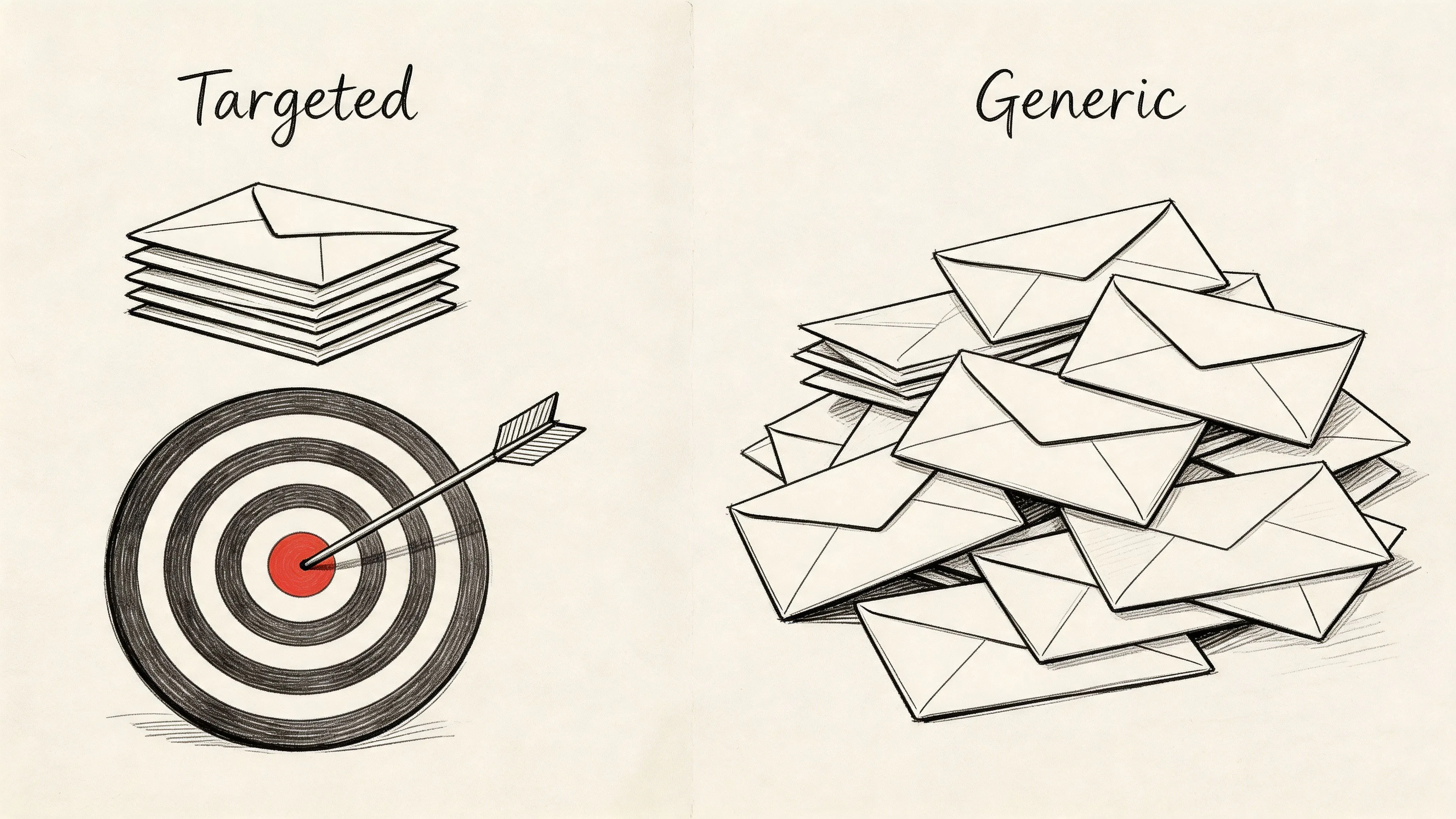 A conceptual comparison between targeted mail applications and a pile of generic, unorganized mail envelopes.