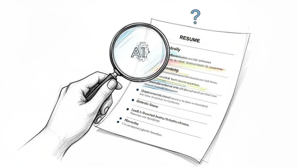 A hand holds a magnifying glass over a resume to investigate if it was written by artificial intelligence.