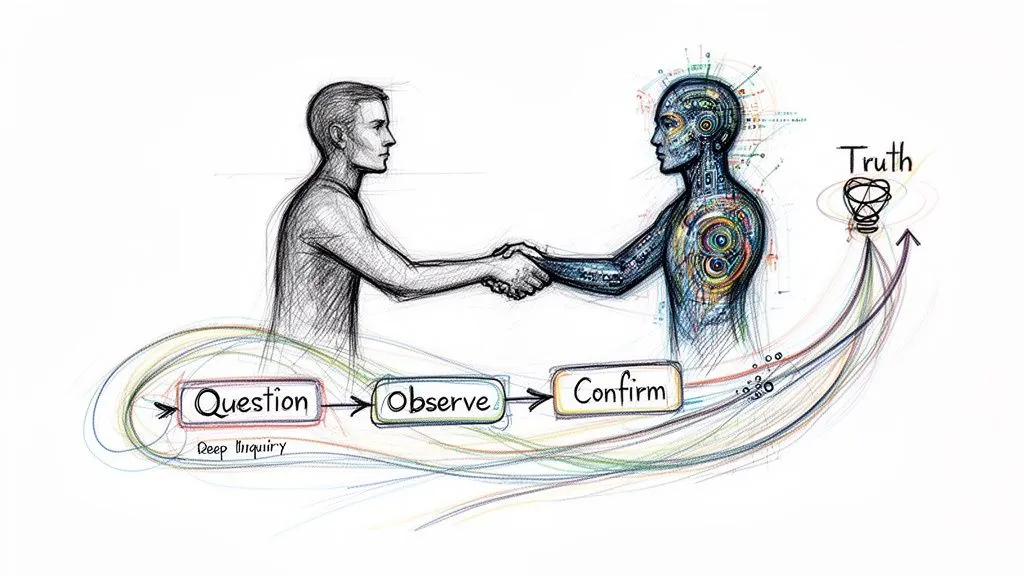A human and an AI robot shaking hands with a conceptual flow chart showing Question, Observe, Confirm, and Truth.
