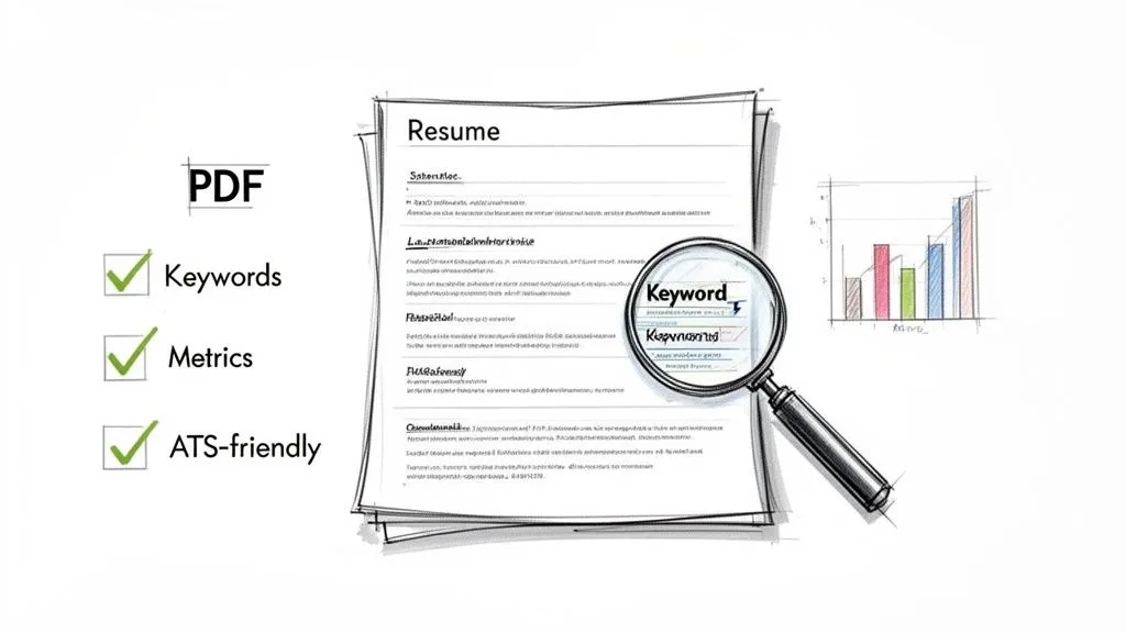 A resume document with highlighted keywords, showing PDF, Metrics, and ATS-friendly checkmarks for optimization.