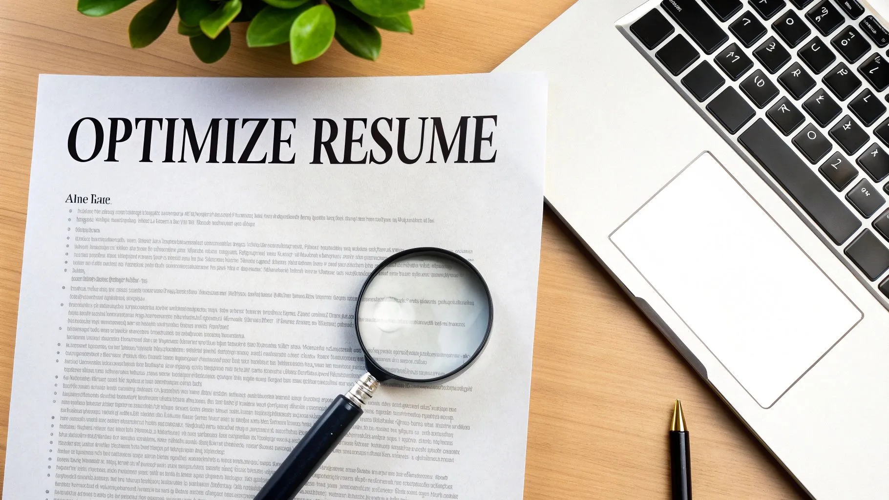 Overhead view of a resume titled 'OPTIMIZE RESUME' with a magnifying glass, laptop, and pen.