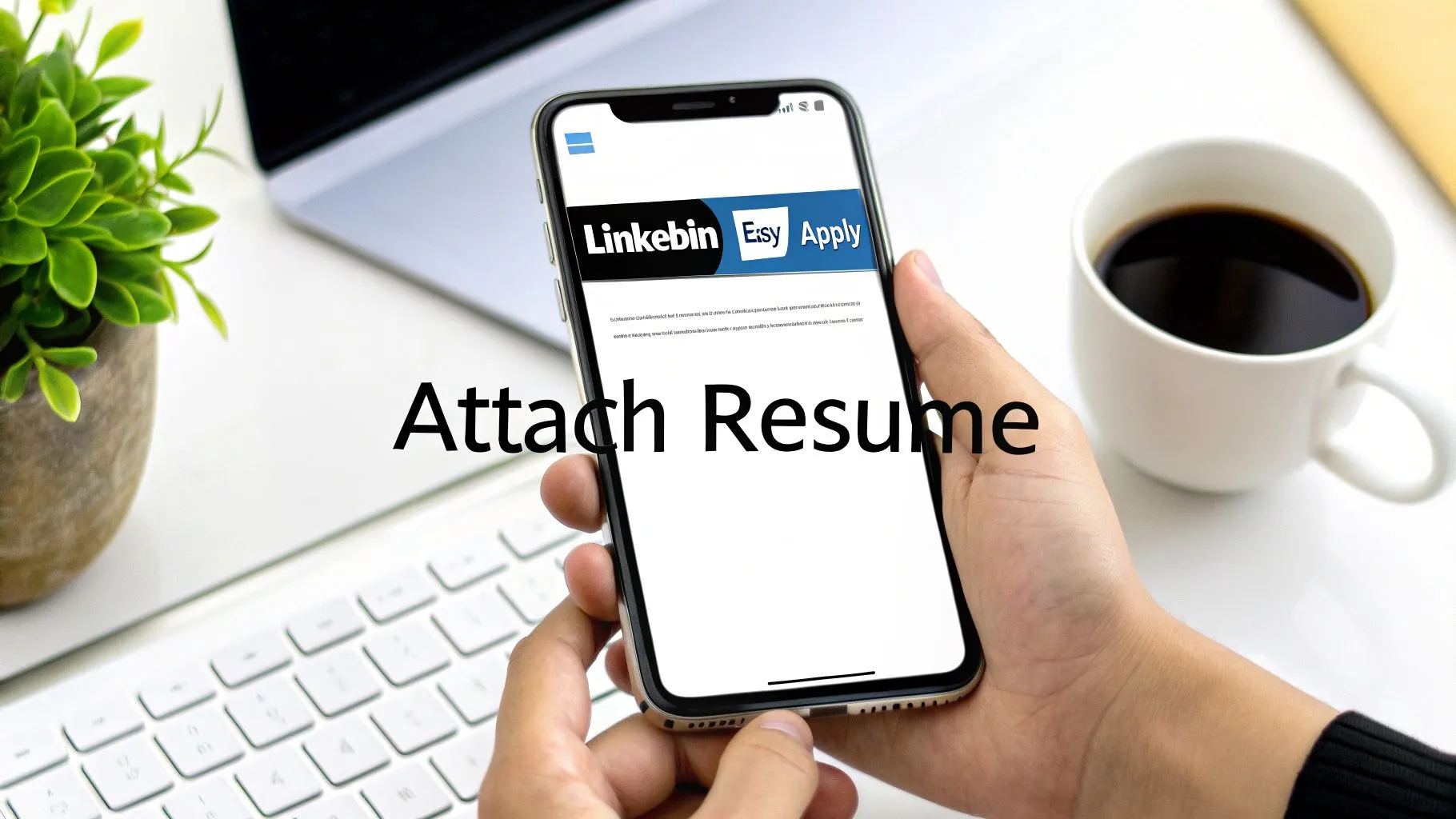 A person's hands holding a smartphone displaying 'Attach Resume' on a Linkebin Esy Apply screen.