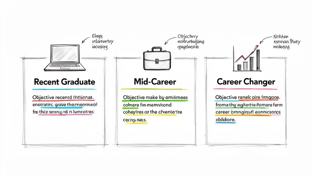 Diagram illustrating different career objective examples for Recent Graduates, Mid-Career, and Career Changers.
