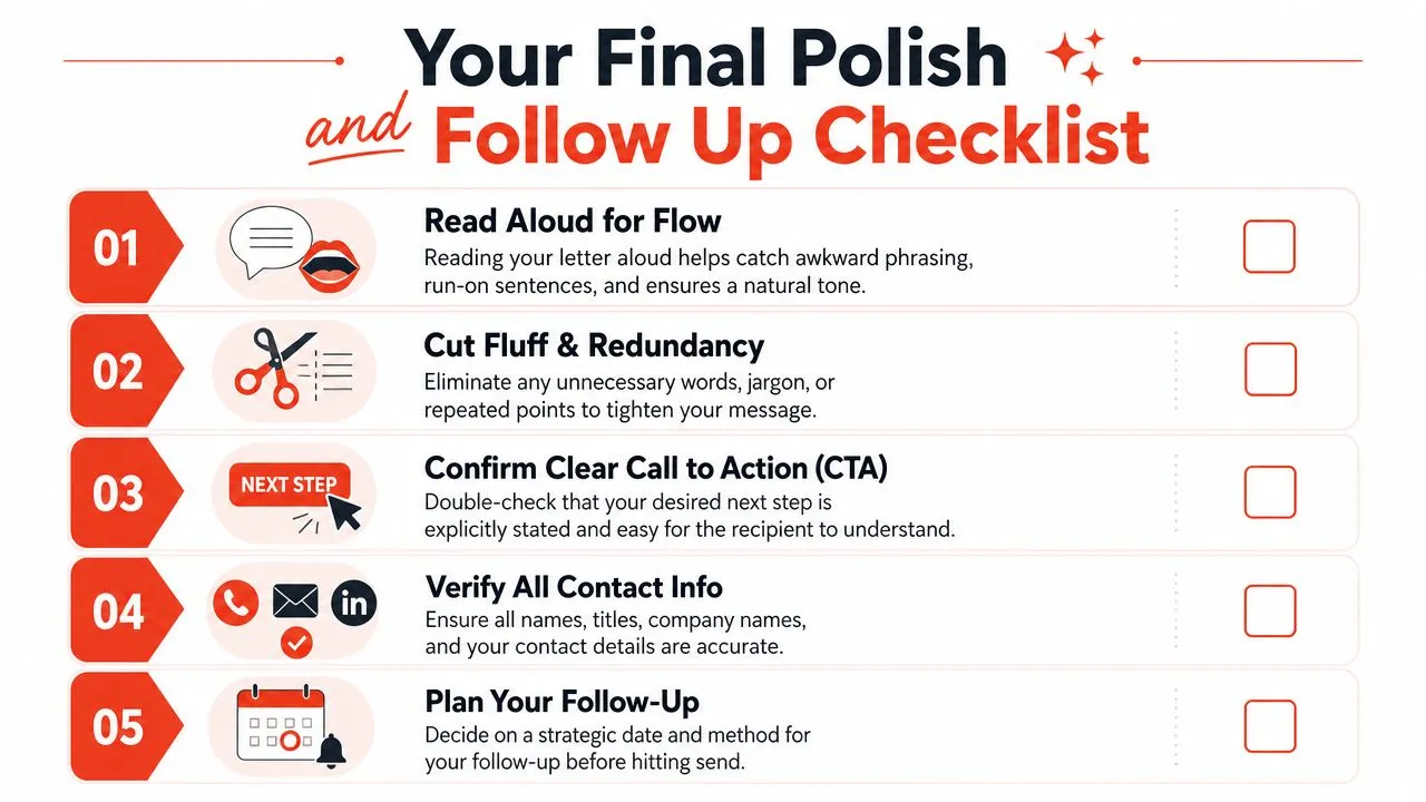 A five-step checklist for polishing professional letters, including steps for flow, clarity, contact details, and follow-up planning.