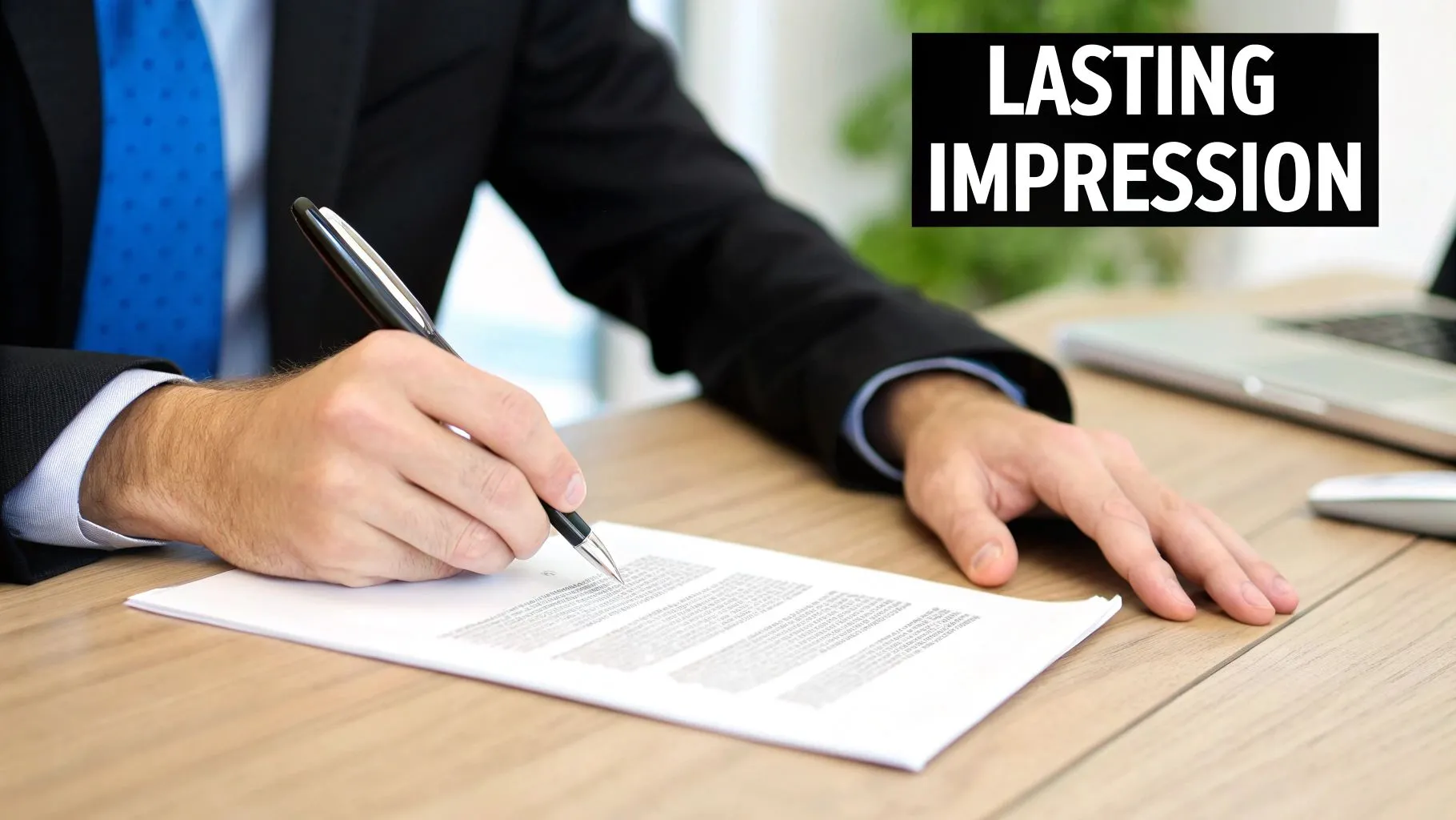 Hands of a businessman in a suit signing an important document with a pen on a desk.