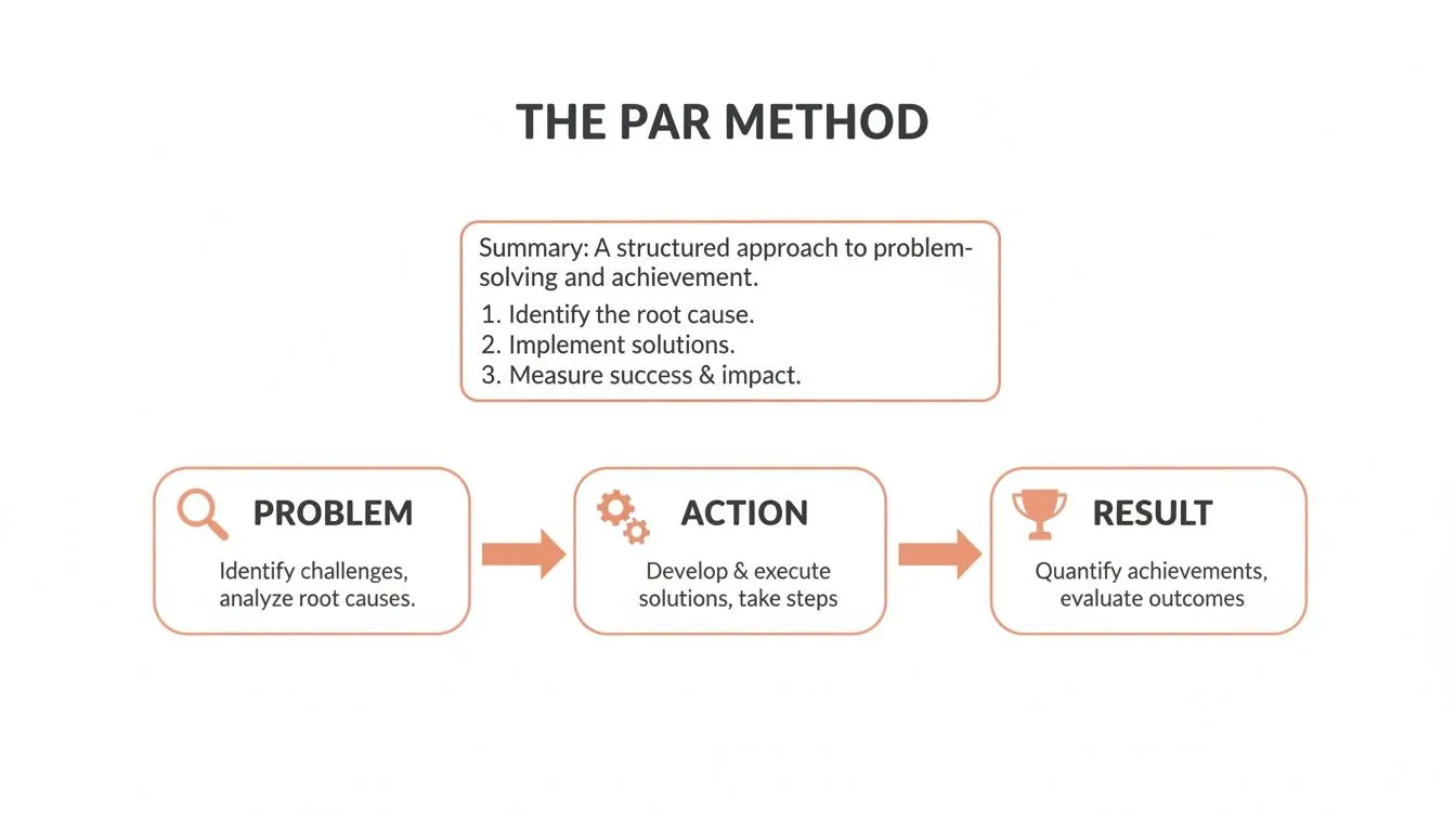 A diagram illustrating The PAR Method: Problem, Action, Result, for structured problem-solving and achievement.
