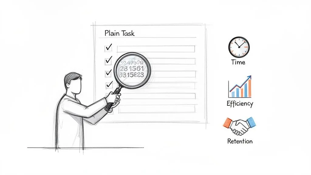 A person uses a magnifying glass to analyze tasks, focusing on time, efficiency, and retention.