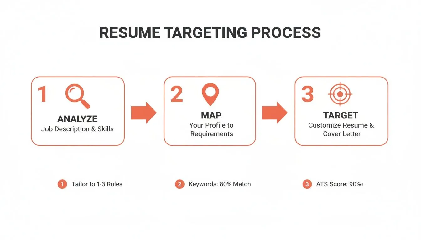 An infographic outlining a three-step resume targeting process for job applications.