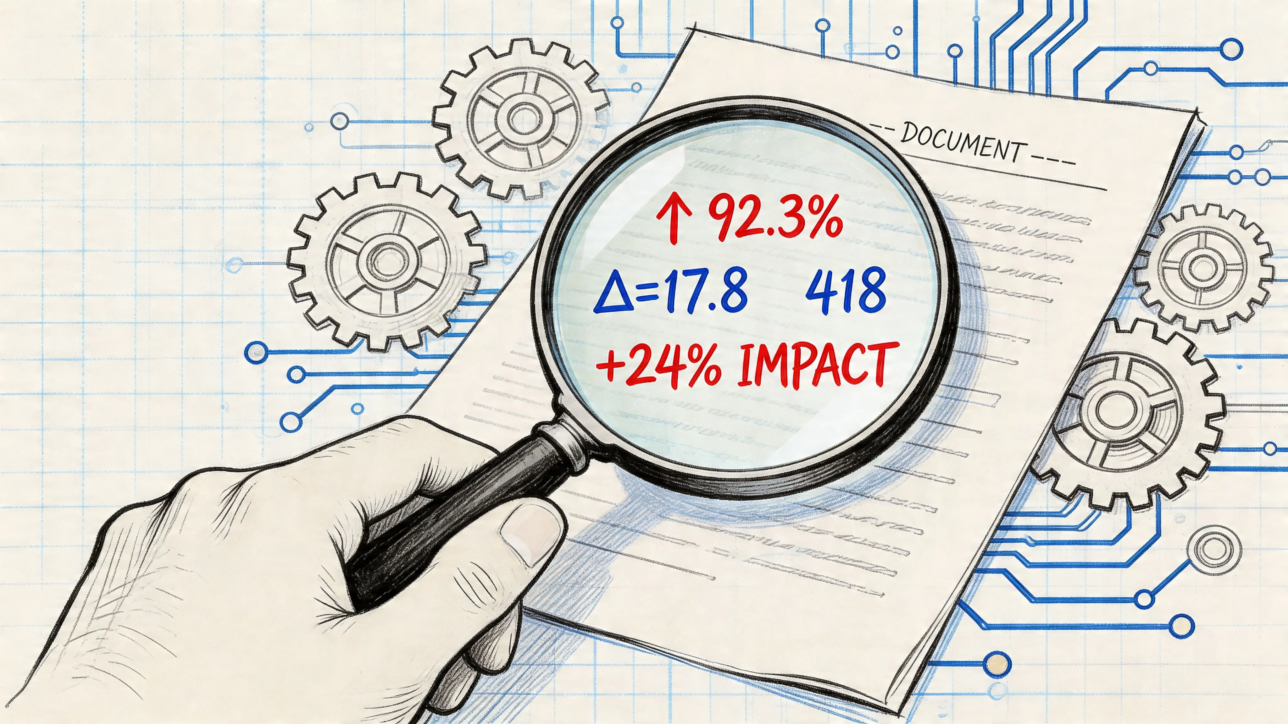 A hand holding a magnifying glass over a document displaying analytics data with numbers and percentage impact.