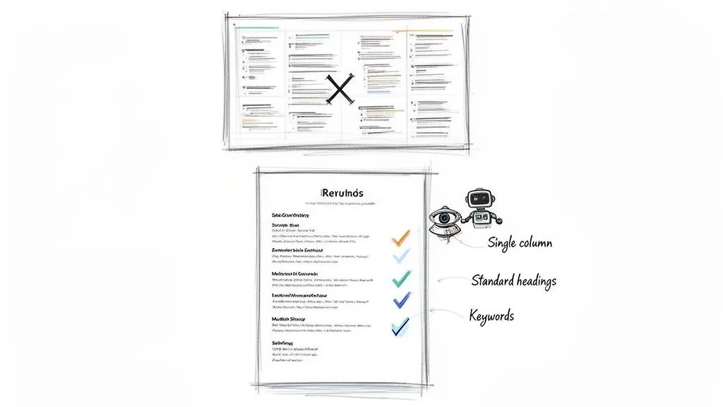 A visual guide illustrating an effective, single-column resume format with standard headings and keywords for AI review.