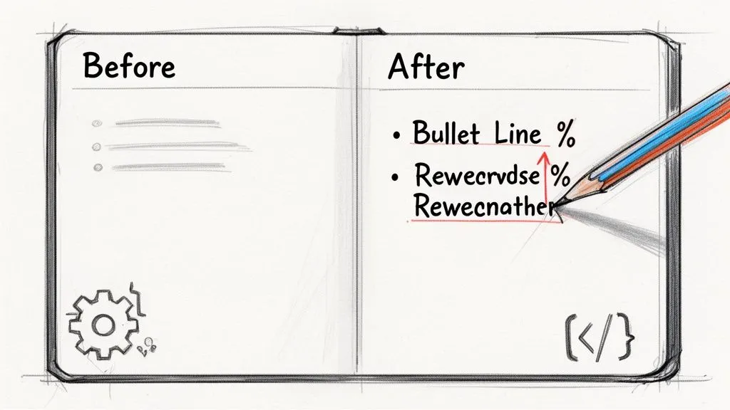 A notebook split into 'Before' and 'After' sections, showing bullet point examples and a pencil.