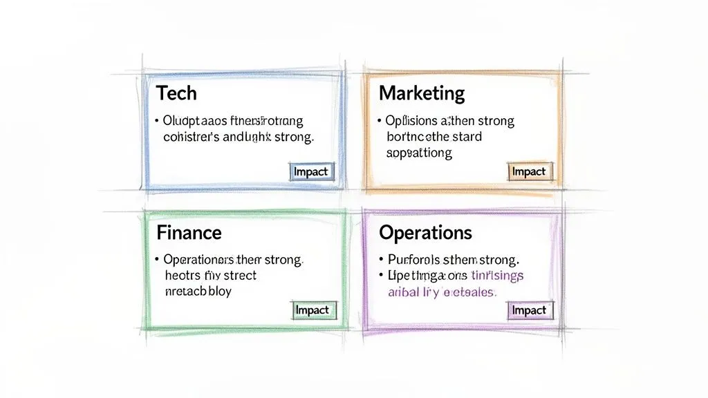 A hand-drawn 2x2 matrix categorizes Tech, Marketing, Finance, and Operations, each with jumbled text and an 'Impact' button.