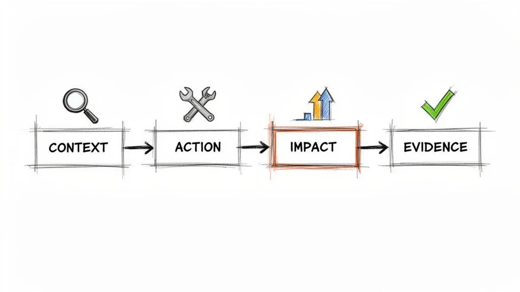 A diagram illustrating a four-step process: Context, Action, highlighted Impact, and Evidence, with icons.