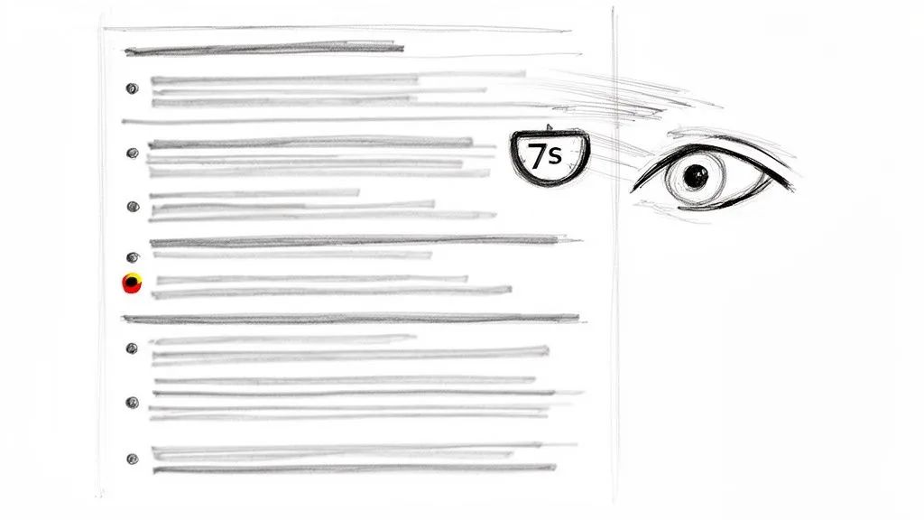 A sketch showing an eye looking at a document with bullet points, one highlighted, indicating reading time.