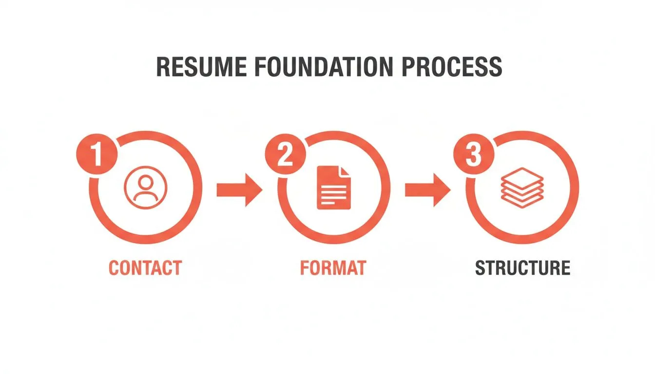 A diagram illustrating the three-step resume foundation process: Contact, Format, and Structure.
