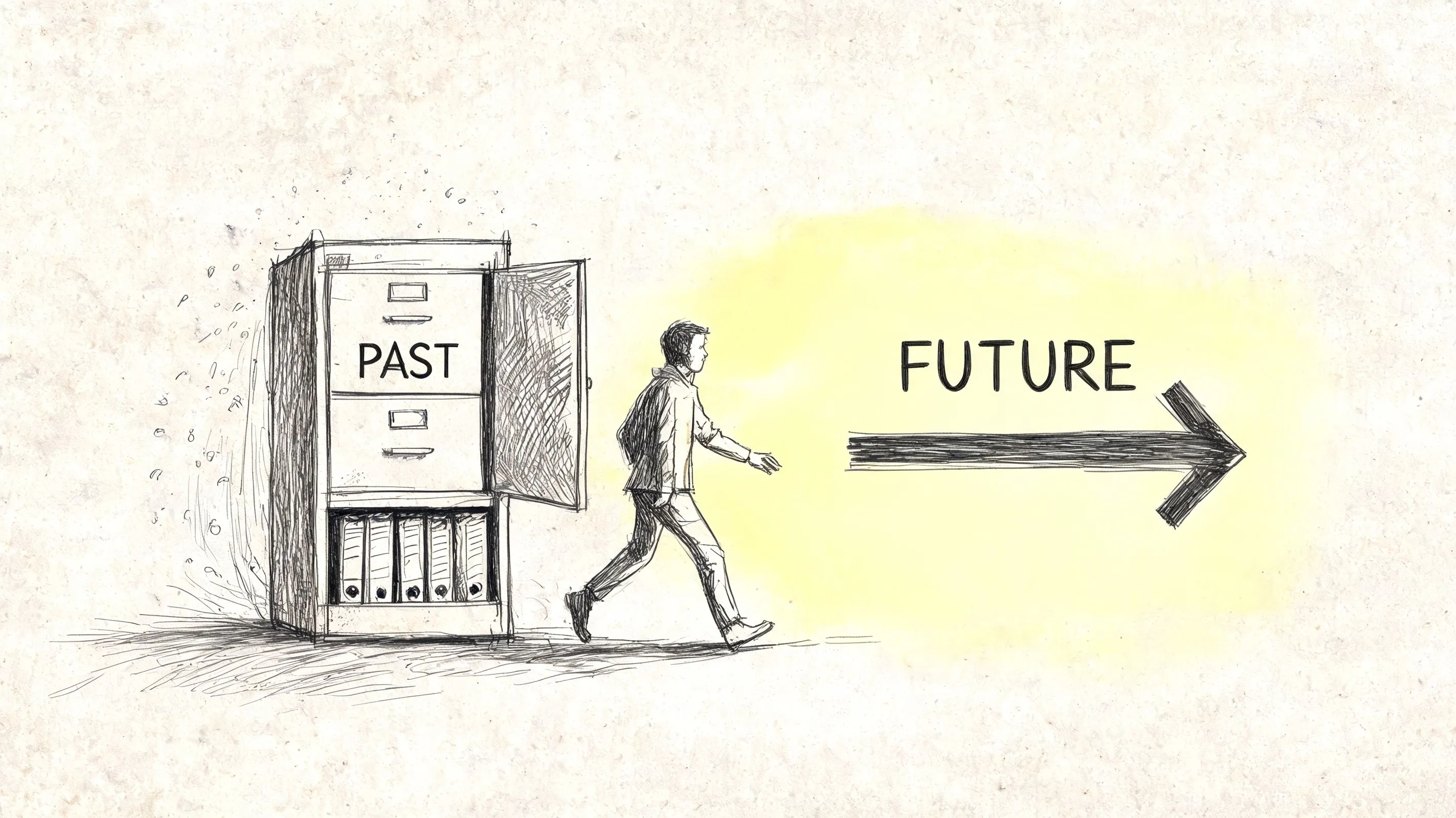 A conceptual sketch of a person walking away from a filing cabinet labeled Past towards a Future arrow.